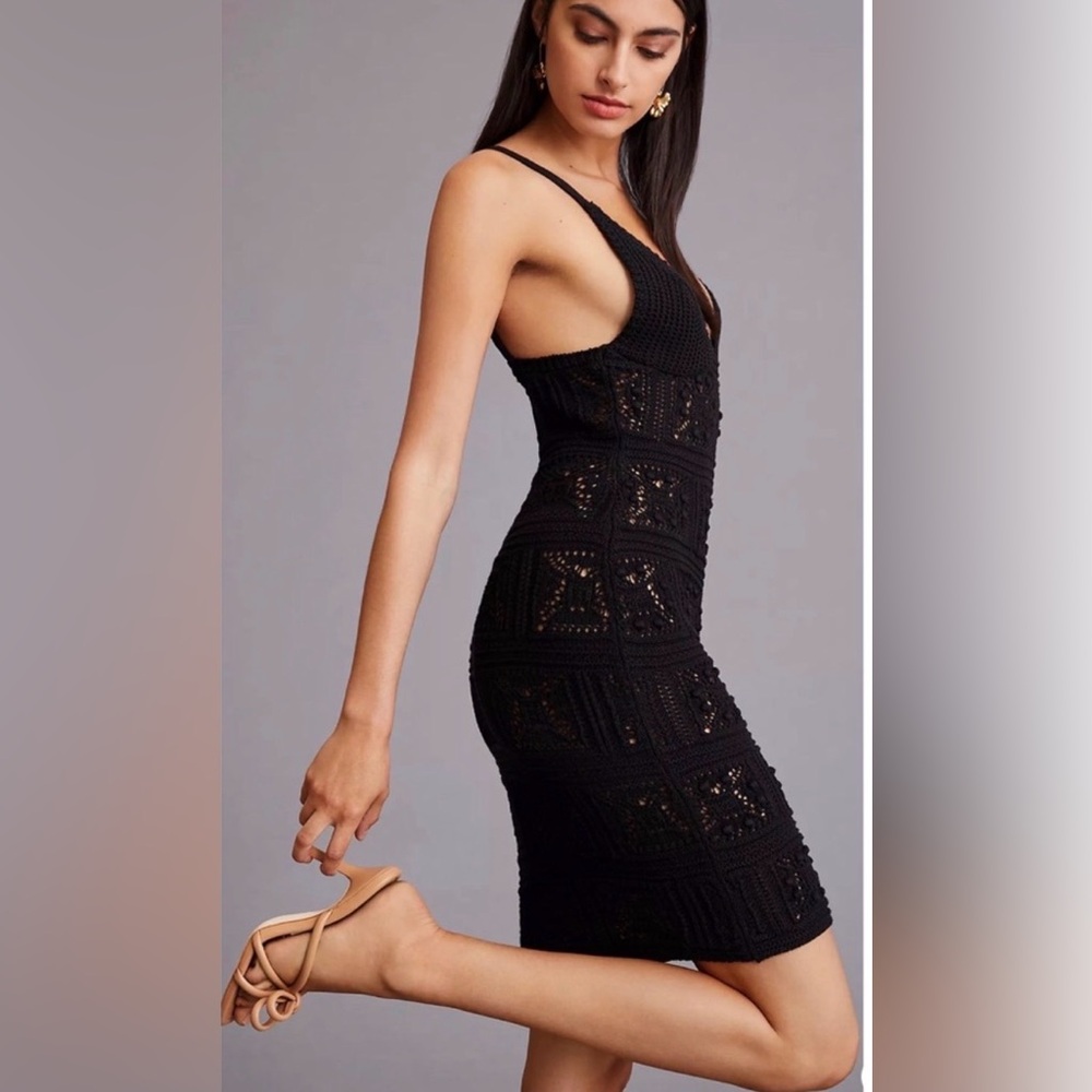By ANTHROPOLOGIE Crochet Whimsigoth Deep V-Neck Black Midi Dress size XL